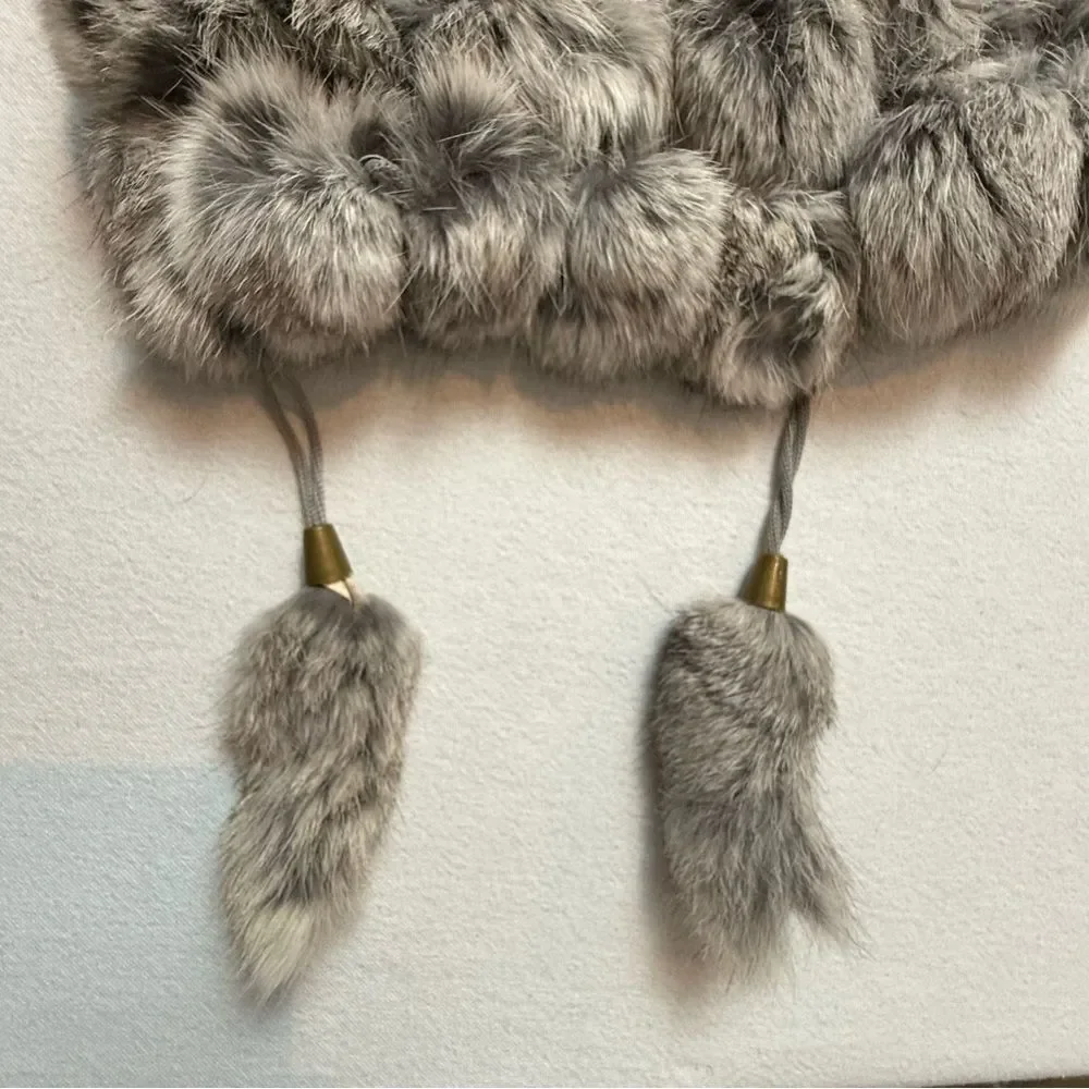 Genuine Rabbit Fur Pom Pom Scarf Silver Gray Frost Mobwife Old Hollywood Glam
